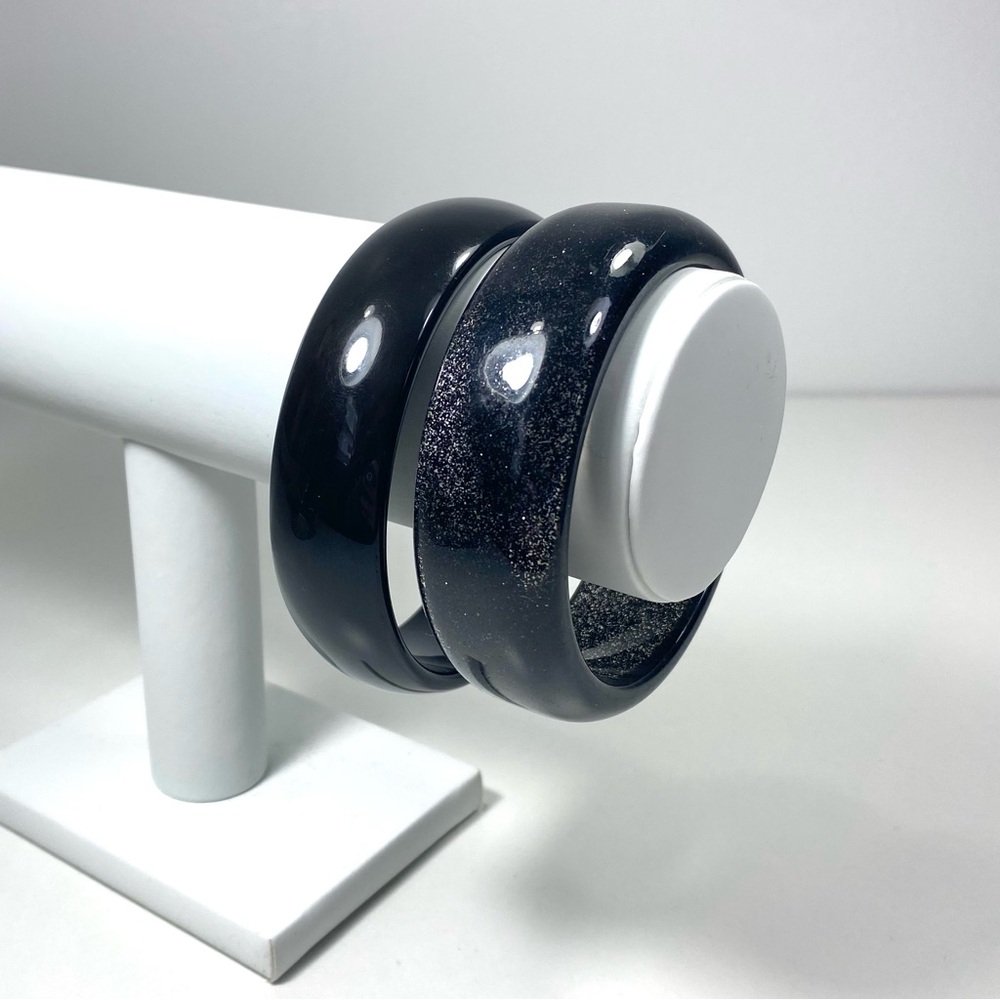 2 Acrylic Bangle Bracelets - Translucent Black + Glittery Specks and Solid Black